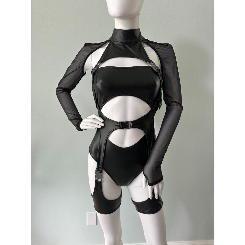 Dolls Kill Darker Wavs Ambient Vinyl Cargo Romper size XS Black Goth Cyber Rave